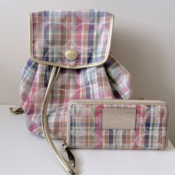 Coach Daisy Madras Packable Plaid Backpack With Matching Wallet - Picture 1 of 10